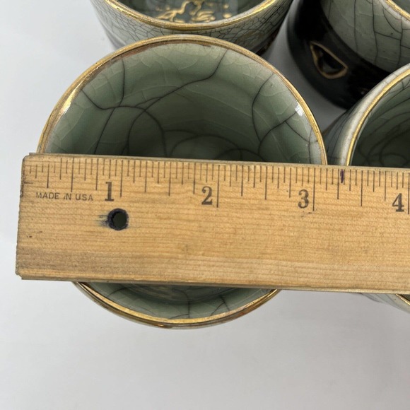 Vtg 4 Green Brown Somayaki Japan Double Wall Crackle Glazed Heart Tea Cups 200ml - Picture 13 of 16